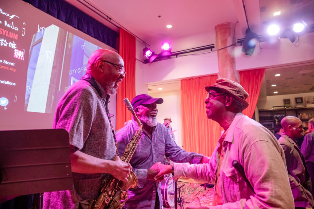 Oliver Lake (left), Thaddeus Mosley (center), and Mensah Wali on Sept 20, 2019, at Jazz Poetry.